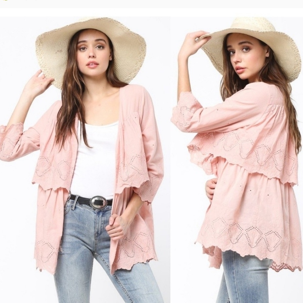 JAE Jacket Femme & Flouncy Embroidered Cotton Scallop Hem Cut Out Pink S M L NWT